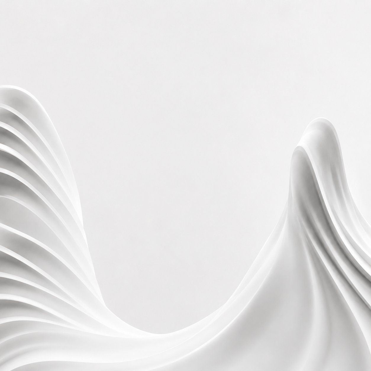 White sculptural forms flanking the banner