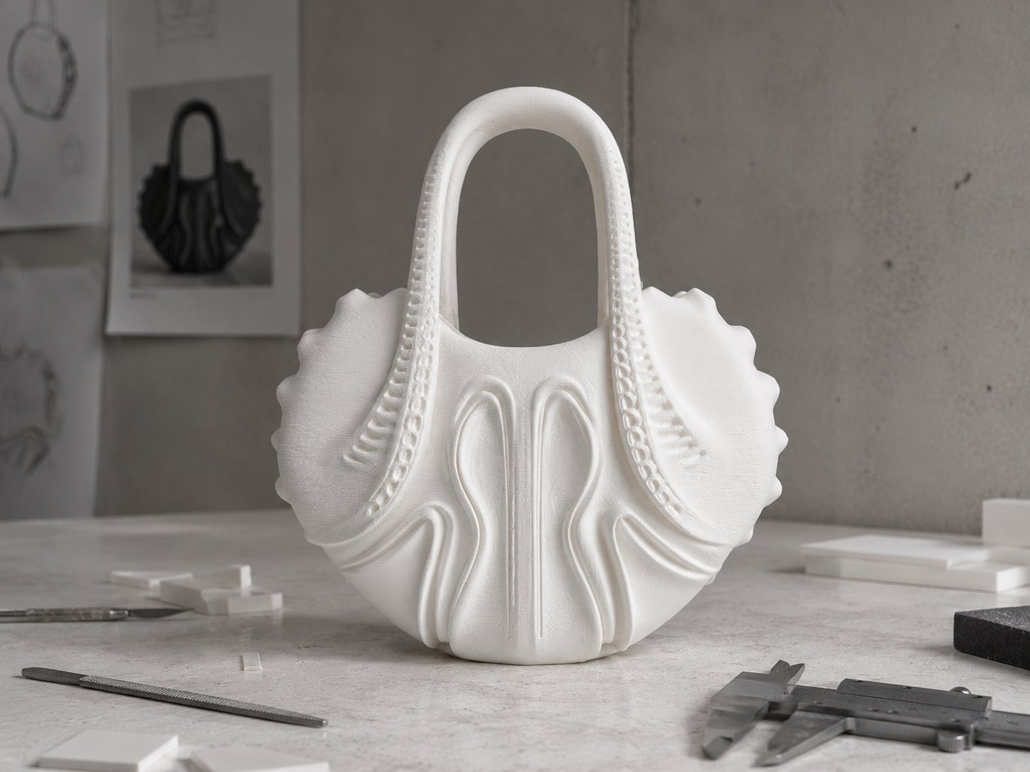 White prototype form on a workbench